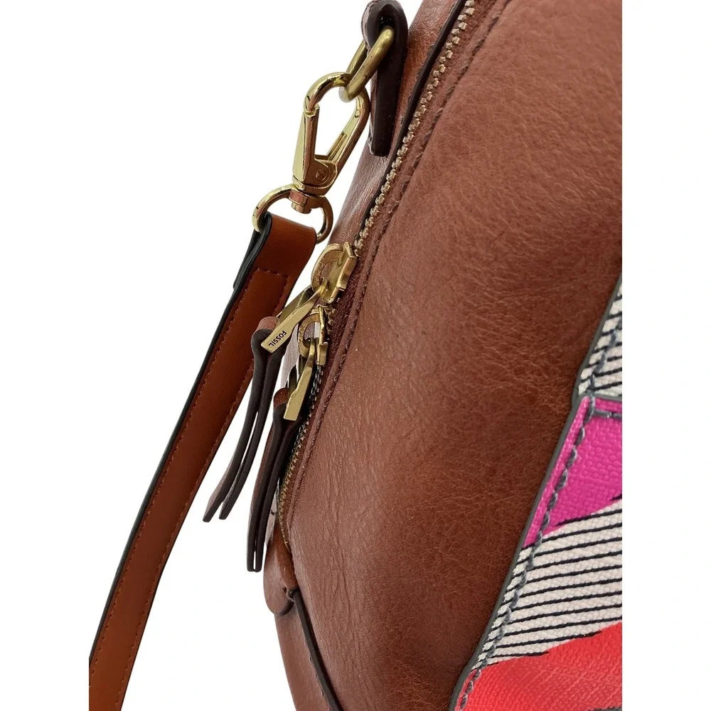Fossil Geometric Print Satchel Crossbody Bag and Wallet Set Brown Leather‎ Trim
